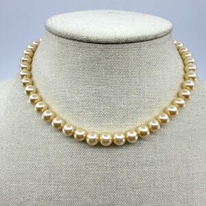 Champagne Faux Pearl Graduated Necklace Rhinestone Spacer Silver Tone Bridal